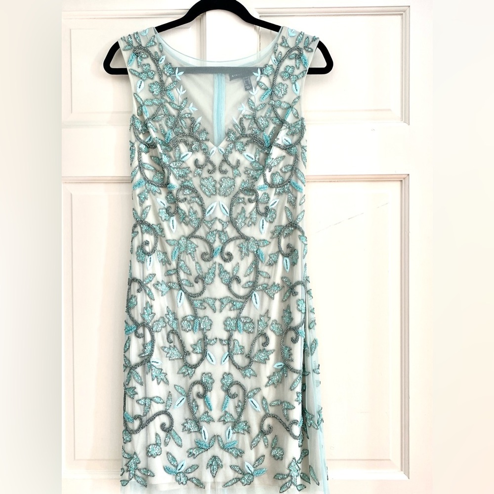 Aidan Mattox Aqua Beaded Illusion Cocktail Dress
